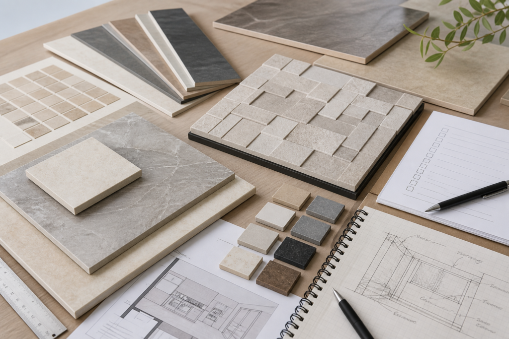 ceramic tiles manufacturer comparison with tile sample boards engineering specification sheets and project planning notes