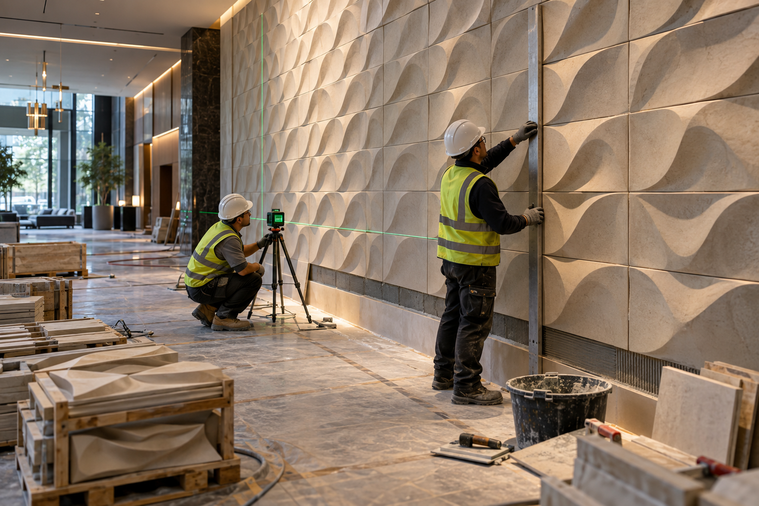 3d ceramic tiles manufacturer hotel lobby installation inspection