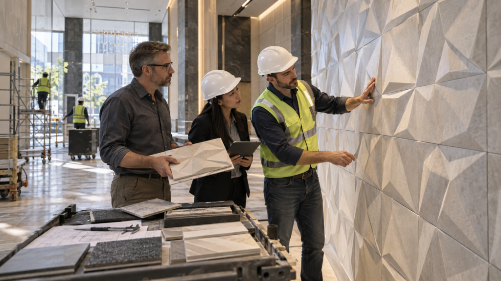 3d ceramic tiles manufacturer project team evaluating commercial lobby relief wall
