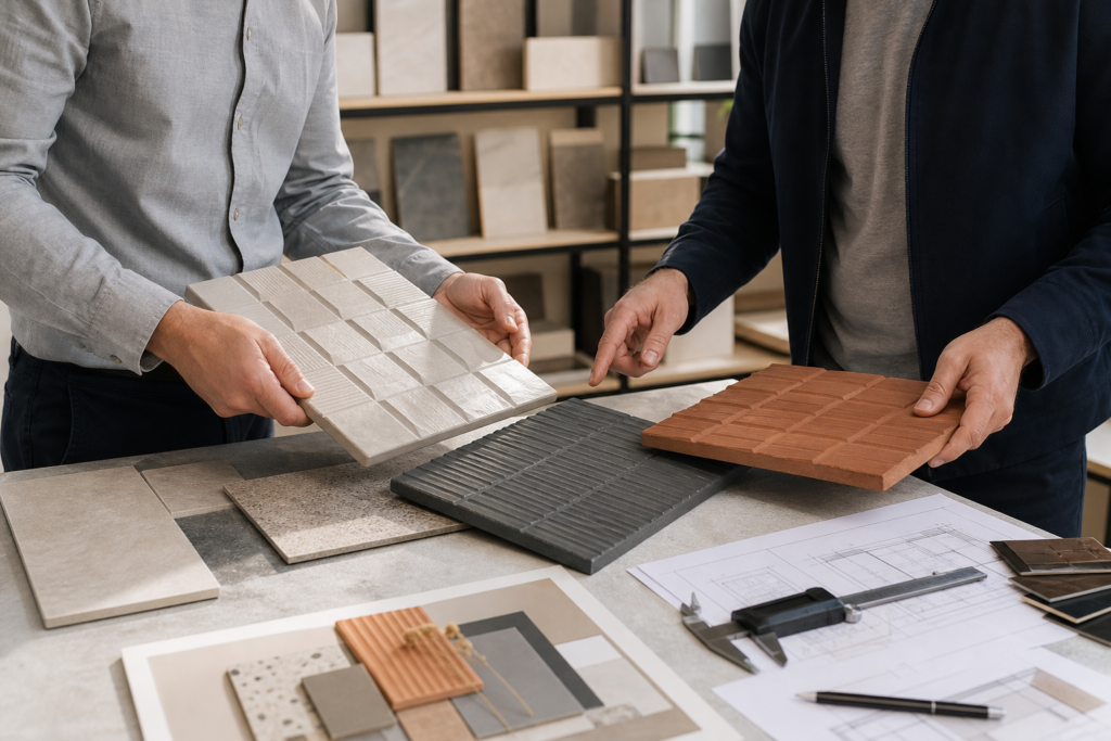 3d ceramic tiles manufacturer project team reviewing tile sample boards engineering documents and finish options