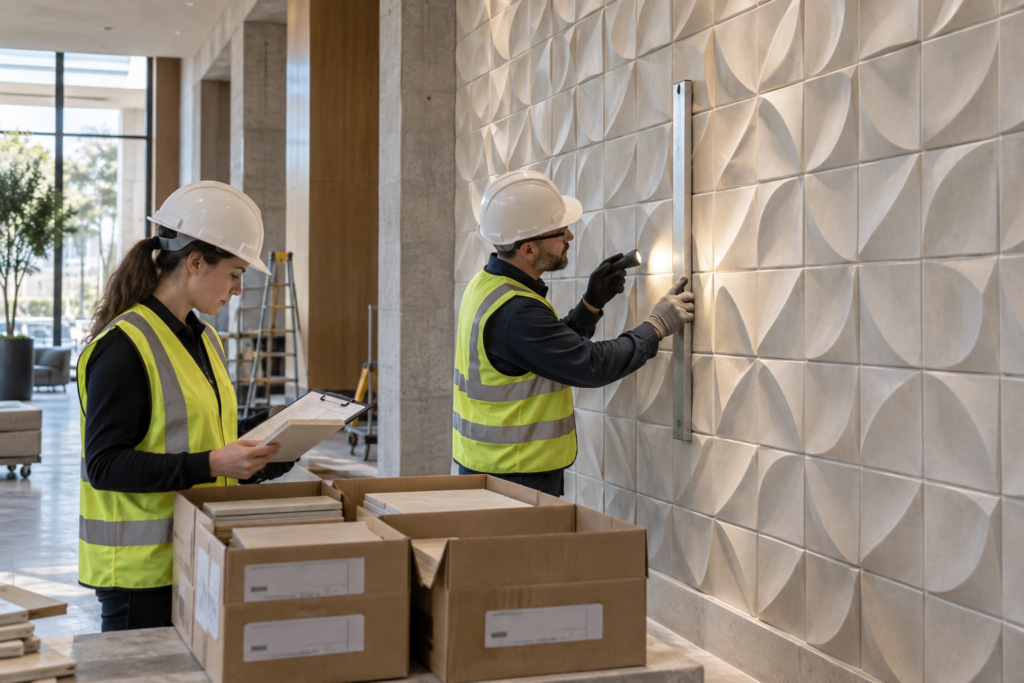 3d ceramic tiles manufacturer site team inspecting relief tile wall and batch labels