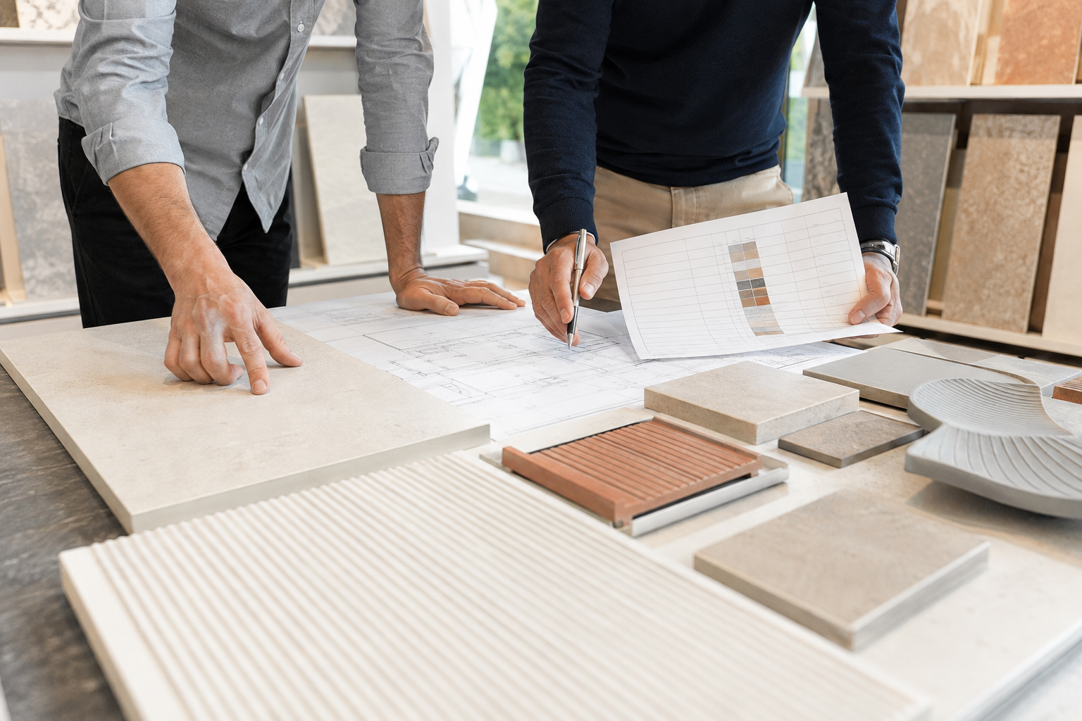 ceramic tiles manufacturer project contractors reviewing tile sample boards engineering drawings and finish options