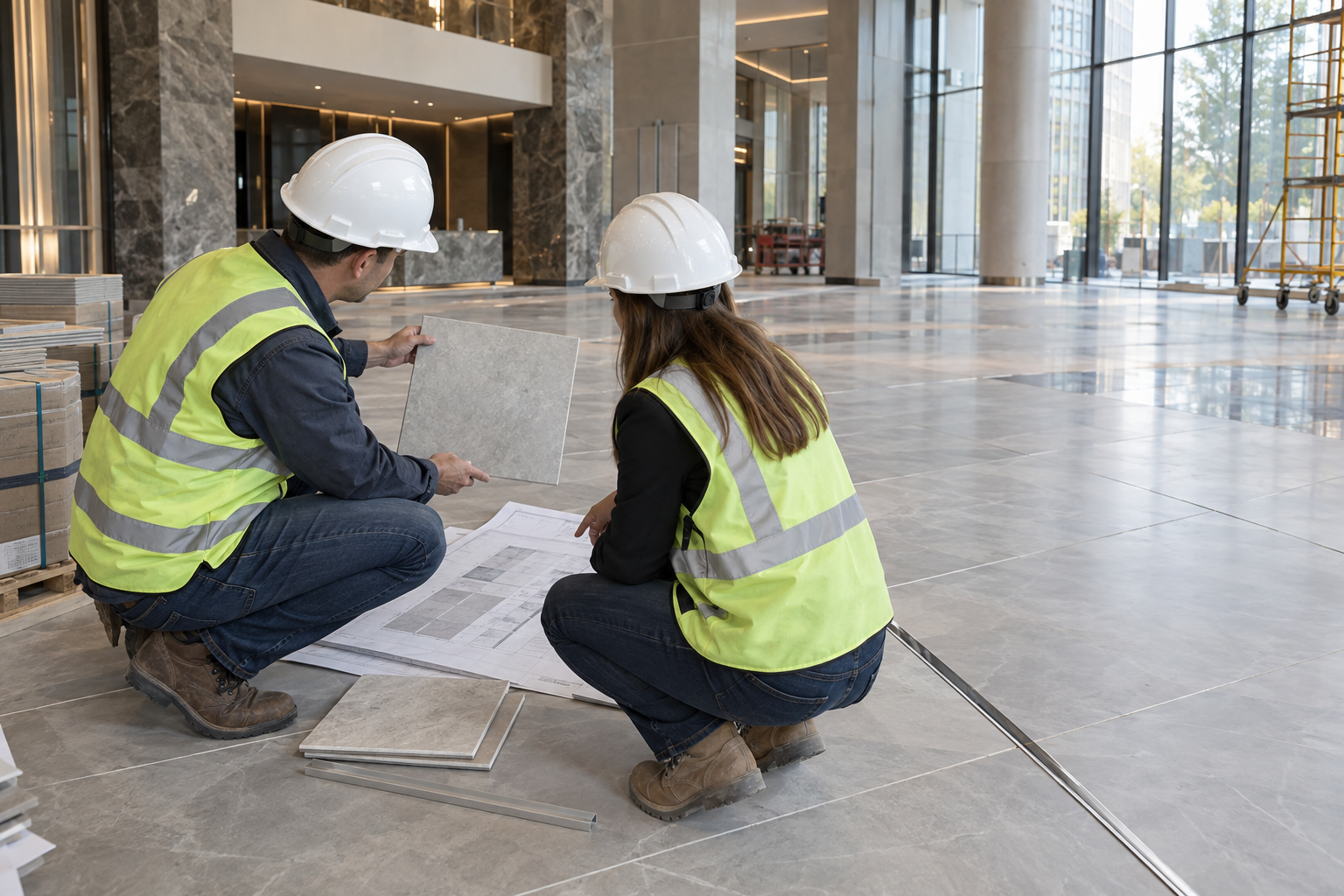 ceramic tiles manufacturer project team reviewing approved lobby tile sample