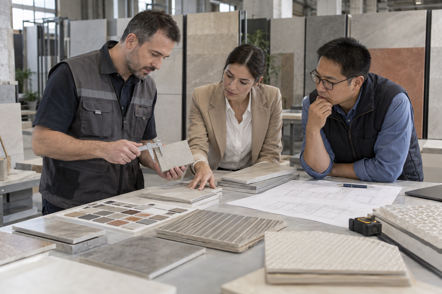 ceramic tiles manufacturer project team reviewing control samples and installation drawings
