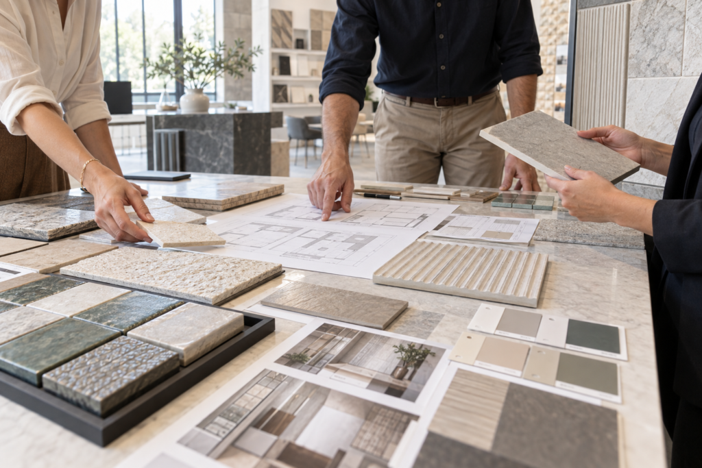 ceramic tiles manufacturer project team reviewing tile samples layout drawings and delivery planning materials