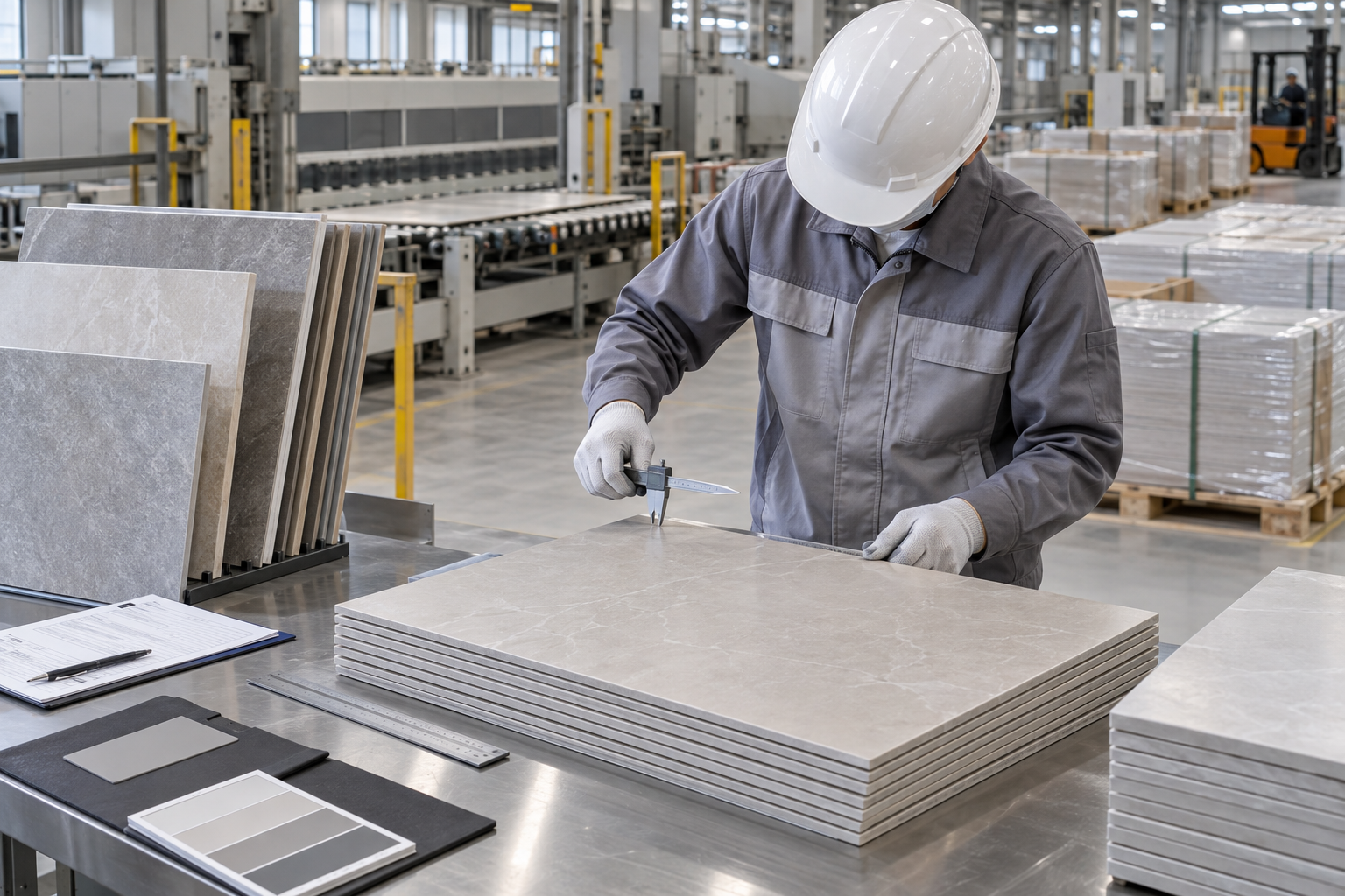 ceramic tiles manufacturer quality engineer checking batch dimensions