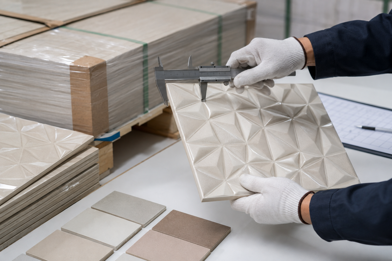 ceramic tiles manufacturer quality inspection of 3d ceramic tile with calipers protective packaging and pallet control