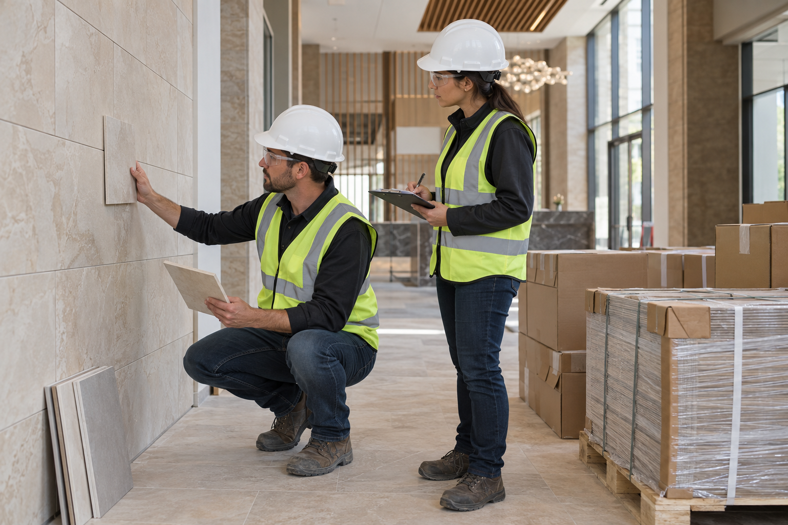 ceramic tiles manufacturer site inspection checking shade layout and protective packaging